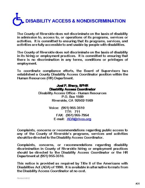 ADA - Disability Access & Nondiscrimination/Assistance Available (Post at Public Entrances)